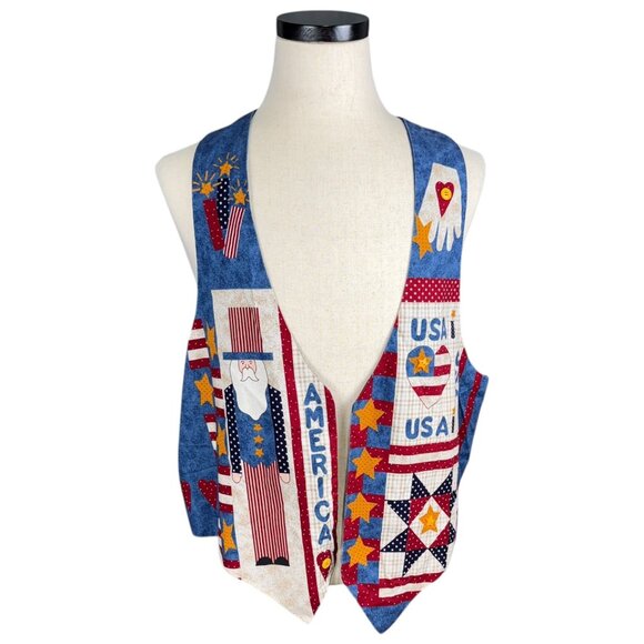Vintage 80s Large Patriotic Quilted Vest With Americana Design Large - Picture 1 of 4